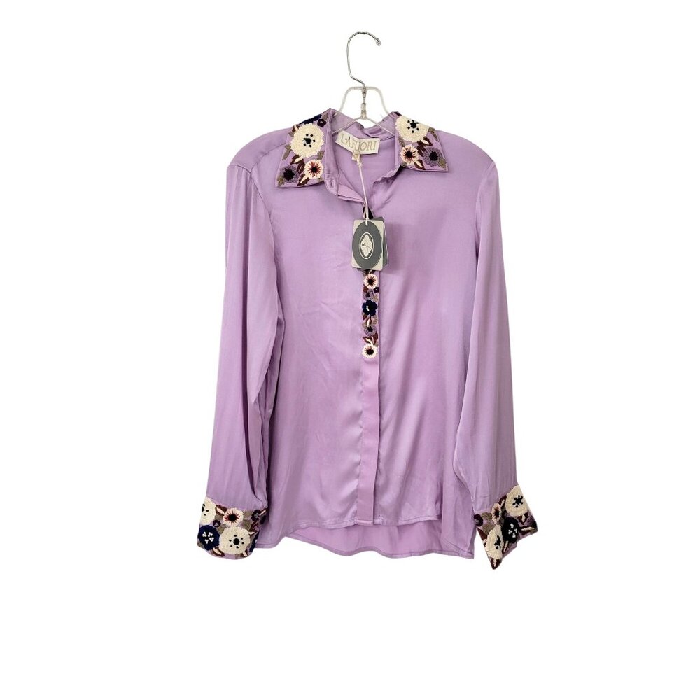 La Fuori Lavender Silk Embroidered Floral Shirt Women's XL with Original Tags